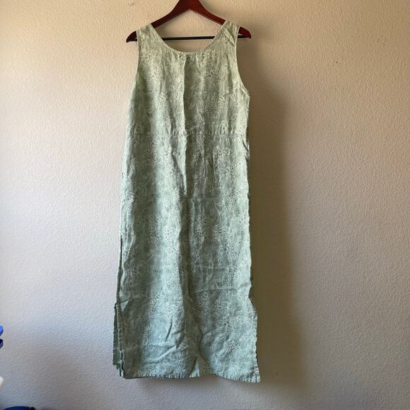 Vintage linen sage green floral midi overall dress with pockets size large - Picture 3 of 9